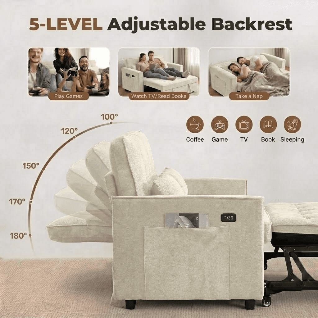 Howcool 55" Convertible Sofa Bed Pull Out Couch Sleeper Sofa with Adjustable Backrest USB Charging Ports Side Pocket Terry Cloth Fabric for Living Room Small Spaces,Beige