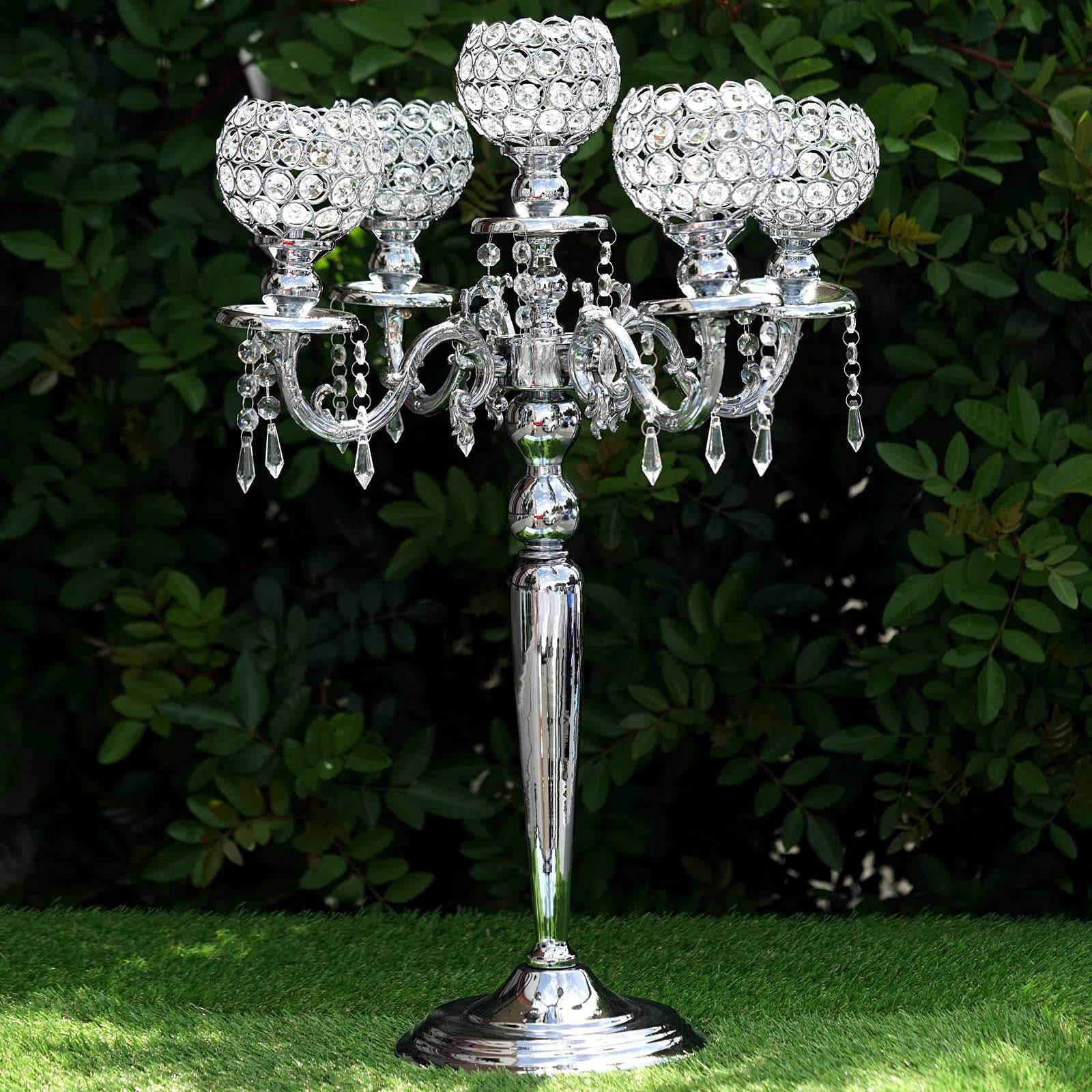 3" | 25" Tall 5 Arm Silver Crystal Beaded Globe Metal Candelabra Candle