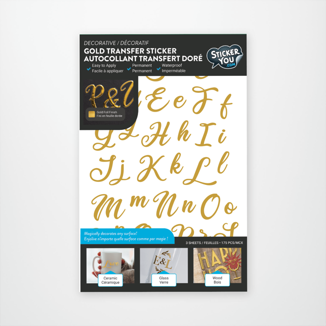 StickerYou Gold Foil Alphabet Script Transfer Stickers – Letter Sheet Set