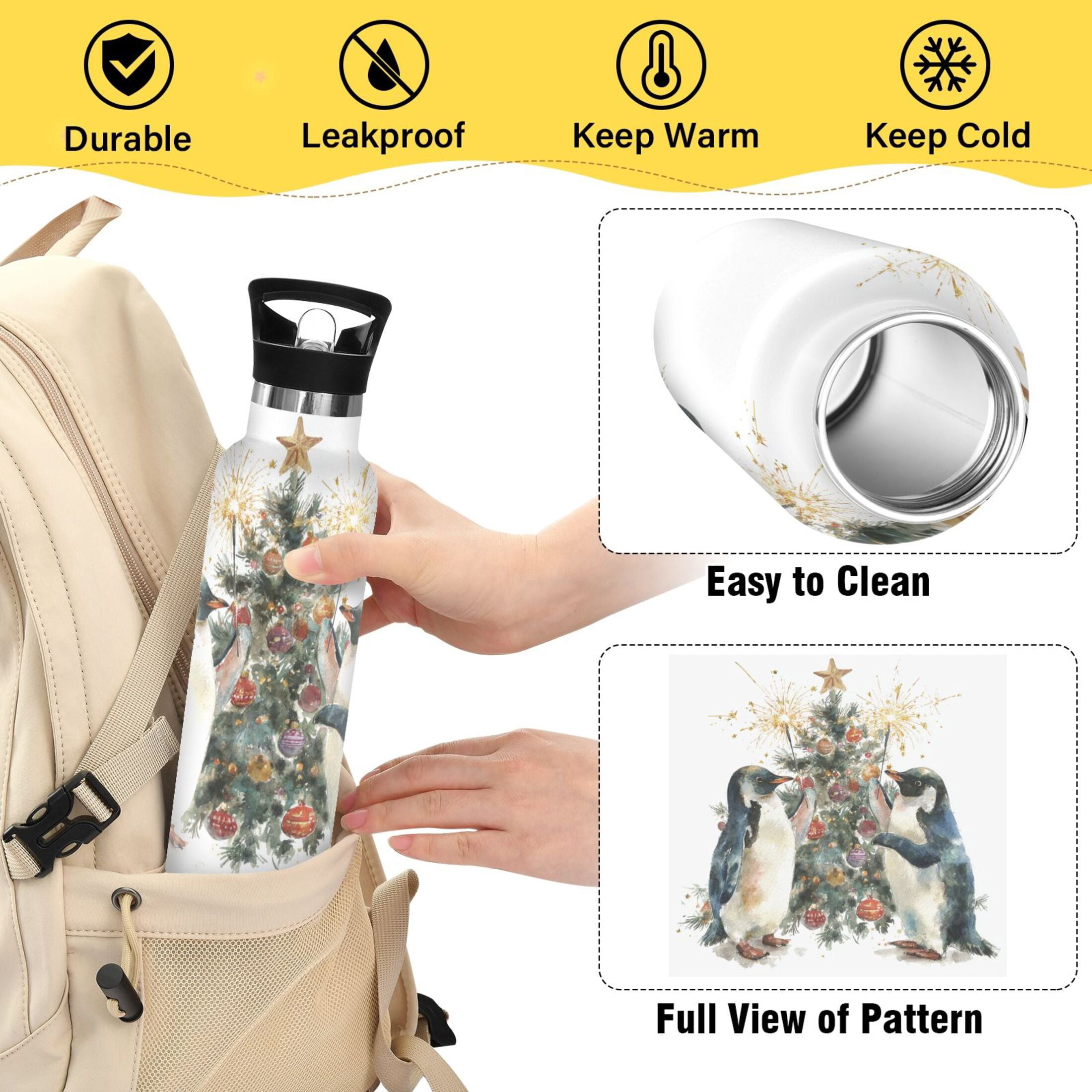 600ML Stainless Steel Insulated Cup Sports Water Bottle Portable Thermos Cup Water Glasses Insulated Tumblers Convenient and Durable Two Christmas Penguins