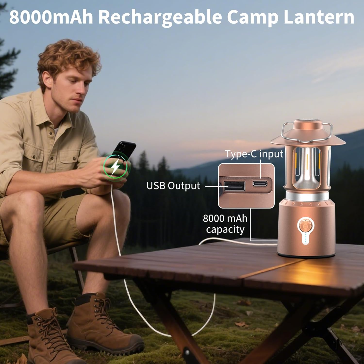 Telescopic Camping Lantern, 8000mAh Camping Lights Rechargeable with 3 Light Modes, Waterproof & Impact-Resistant Tent Lights, LED Lantern for Power Outages, Emergency, Hiking, Hurricane(Copper)