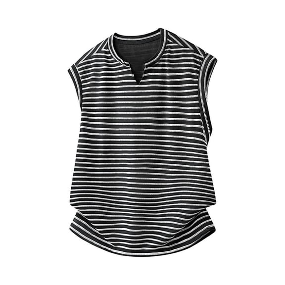 YLSDY Men's Striped Sleeveless Tank Top, Casual V-Neck Shirt with Curved Hem for Summer Vacation Black XXL