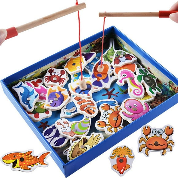 QualitChoice Early Educational Development 32 Pcs Wooden Magnetic Fishes Bath Fishing Travel Table Toy Children Gift