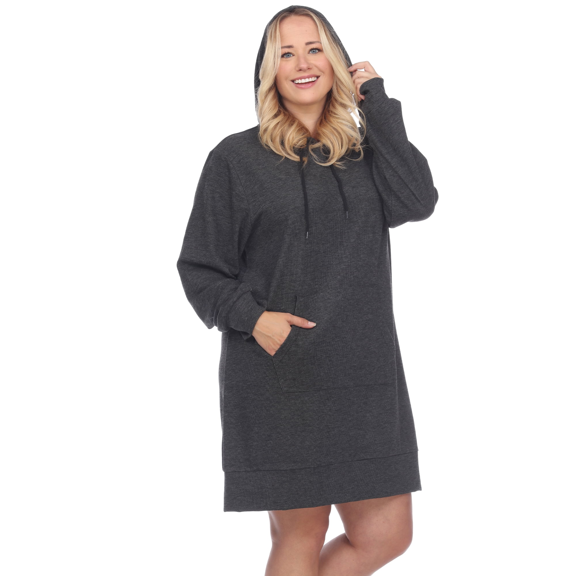 White Mark Plus Size Hooded Pullover Kangaroo Pocket Fleeced Textured Cozy Sweatshirt Dress