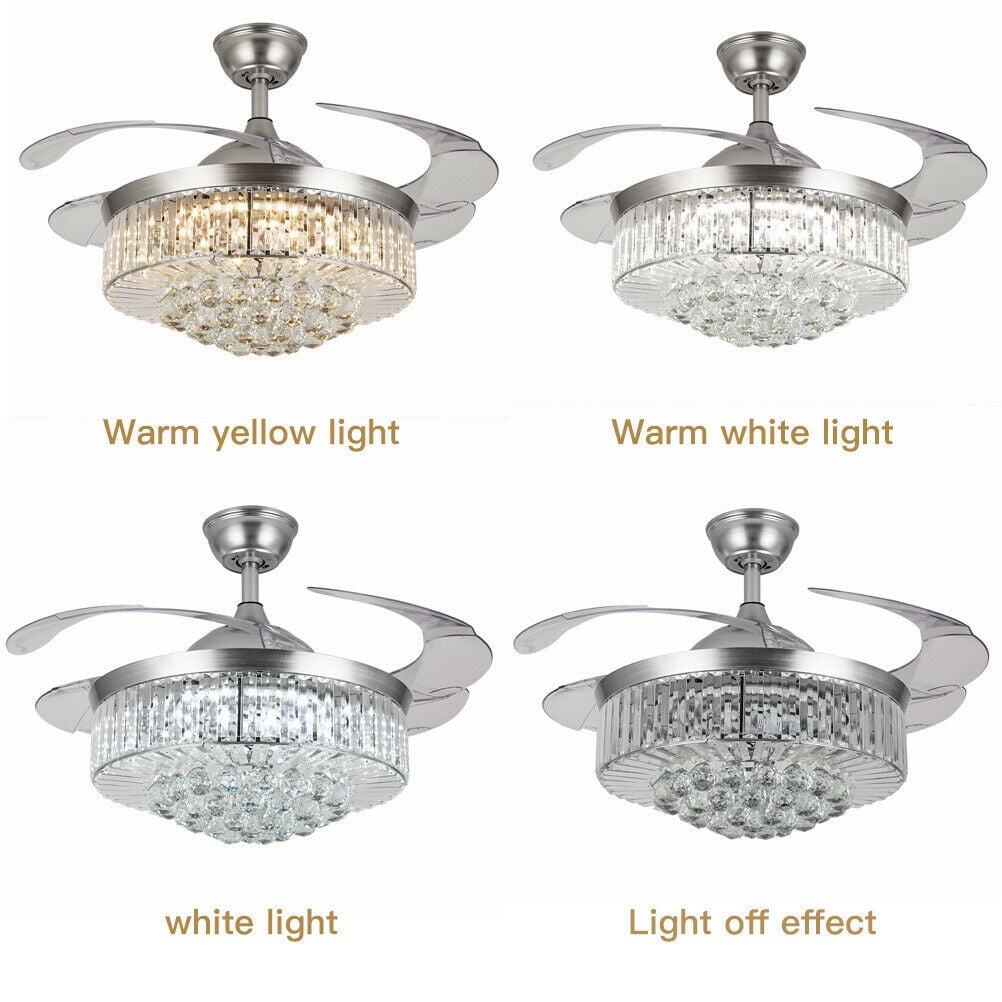 EASYG 42" Silver LED Invisable Ceiling Fan Lamp Crystal Lighting Remote Chandeliers
