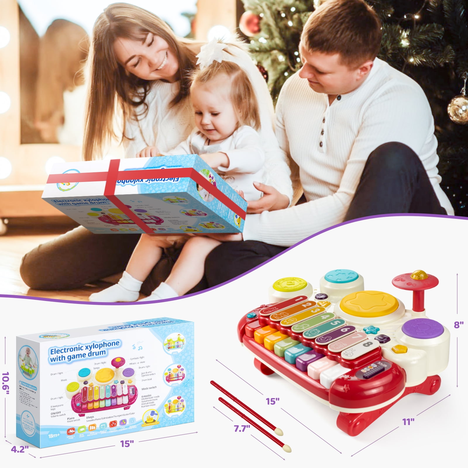 Marstone Baby Toys for 1 Year Old Birthday Gift, 5 in 1 Musical Toys for Toddler 1-2 with Piano, Xylophone, Whack a Mole, Drum Set, Sound and Music