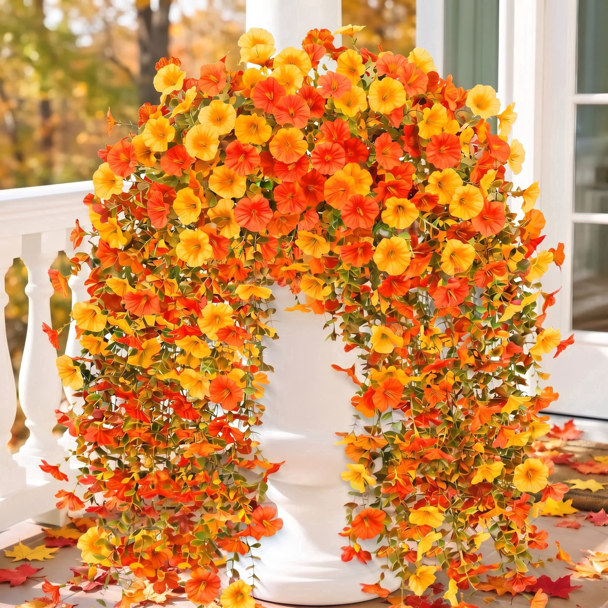 Scidweet Artificial Hanging Fall Flowers for Outdoors, 4 Pcs Faux Morning Glory Silk Flower with Eucalyptus Leaves for Porch Patio Decor, Orange Yellow and Red