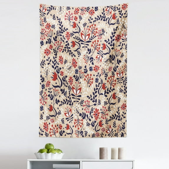 Floral Tapestry, Abstract Art Flowers and Leaves Blossoms Illustration Designed Print, Fabric Wall Hanging Decor for Bedroom Living Room Dorm, 5 Sizes, Beige Red White, by Ambesonne