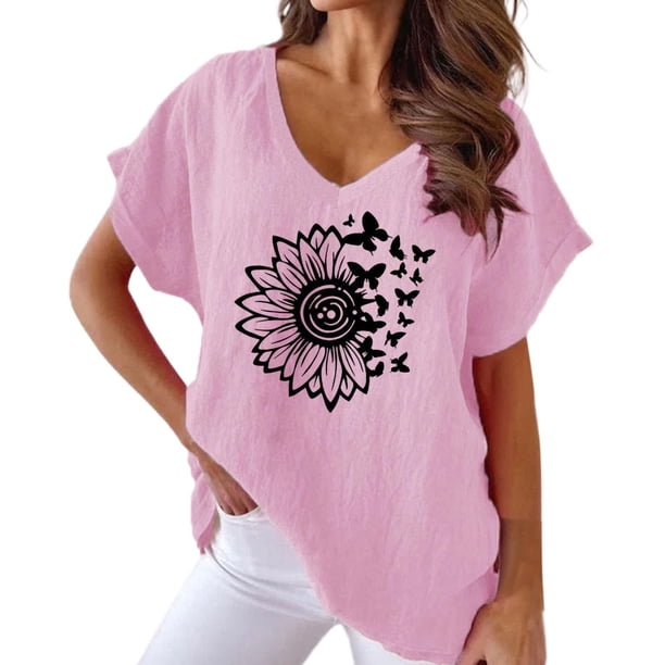 Gibobby Playeras Mujer Camisetas Cuello V Camiseta estampada suelta casual cuello redondo manga corta camiseta mujer(Rojo,G)