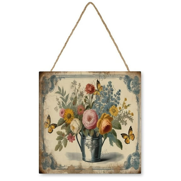 Wild Flower Bouquet Wall Art Wooden Sign Rustic Farmhouse Decor Vintage Pictures for Bedroom Bathroom Kitchen Wall Decorations Bar Interior Decor 12"x12" Wooden Hanging Signs