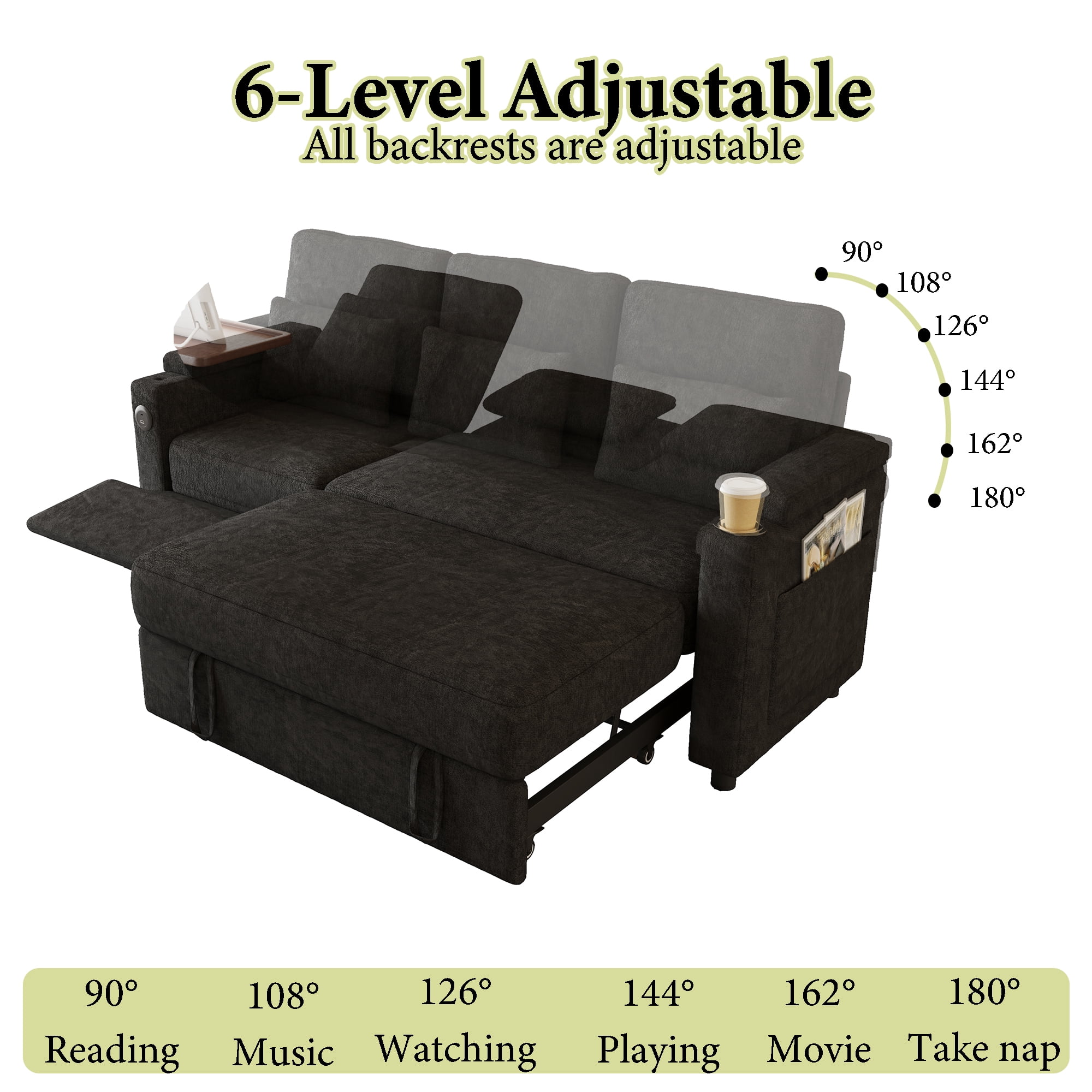 83" 3-in-1 Chenille Foldable Sofa Bed with Electric Chair,USB Ports,Table Board,Storage Armrests & Adjustable Backrest,3-Seater Sleeper,Black