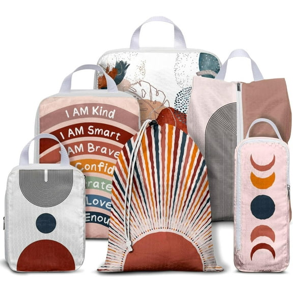 6 Set Compression Packing Cubes for Travel,Bohemia Packing Cubes for Suitcase Luggage Organizer Bags,Travel Essentials for Carry on Backpack,Ultralight and Waterproof(Boho Mid Century Minimalist)