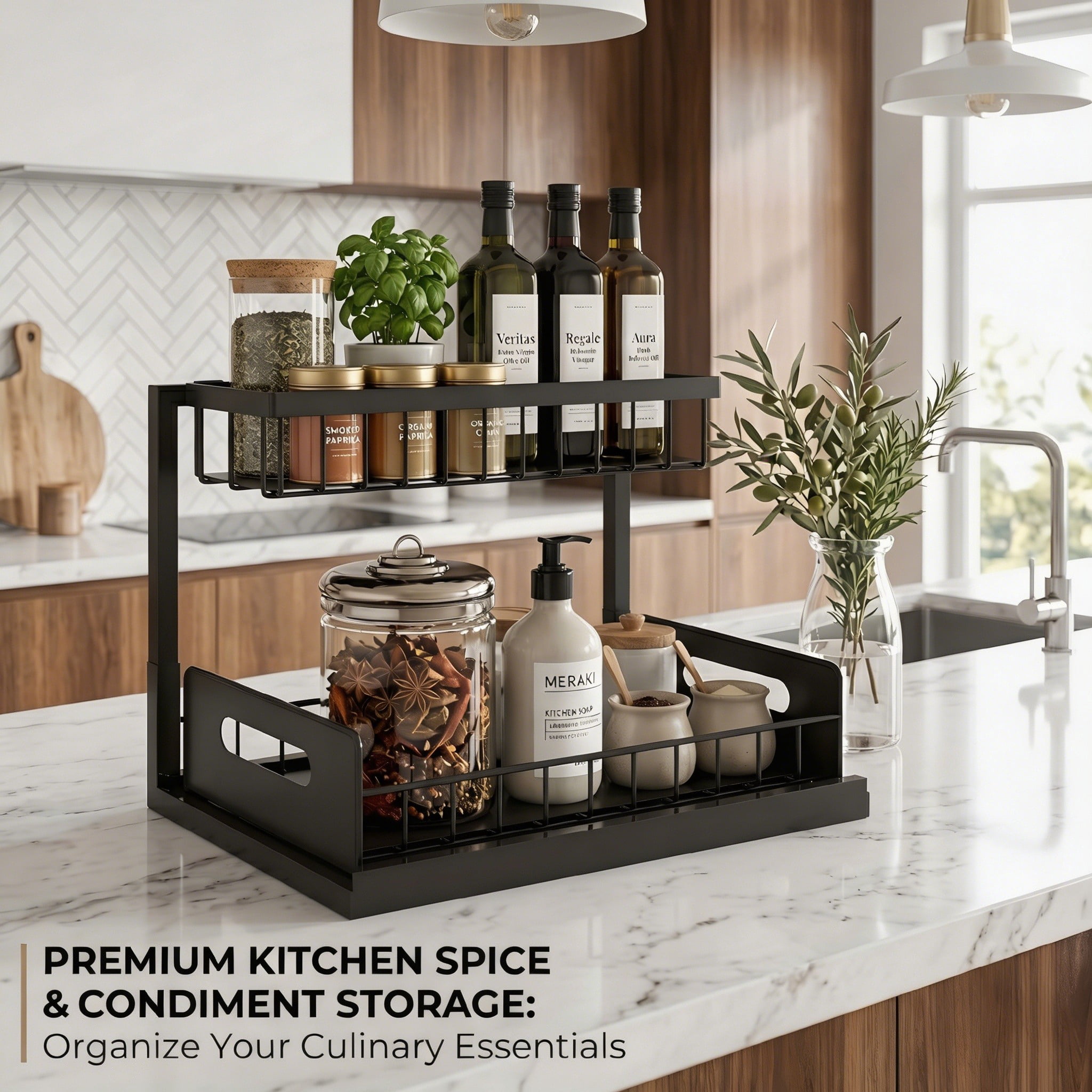 L-Shaped Under Sink Organizer, 2 Tier Pull Out Cabinet Organizer, Heavy Duty Metal Storage with Slide Out Drawer, Holds 50 Lbs, Rust-Proof Bathroom & Kitchen Sink Rack, Black 2PC