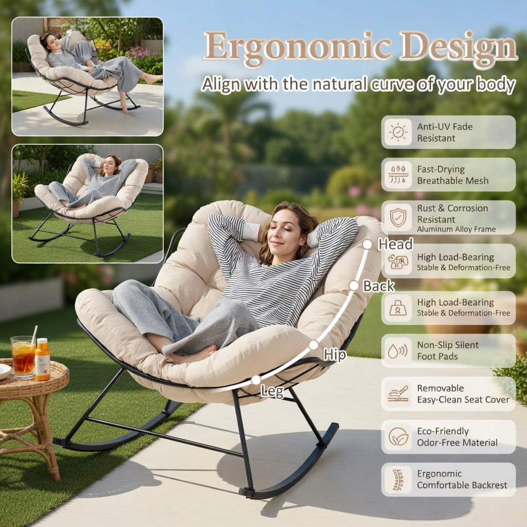 Hommoo Oversized Egg Papasan Rocking Chair with Thick Padded Cushion & Black Powder-Coated Metal Frame, Indoor/Outdoor Patio, Porch, Poolside Seating, Beige