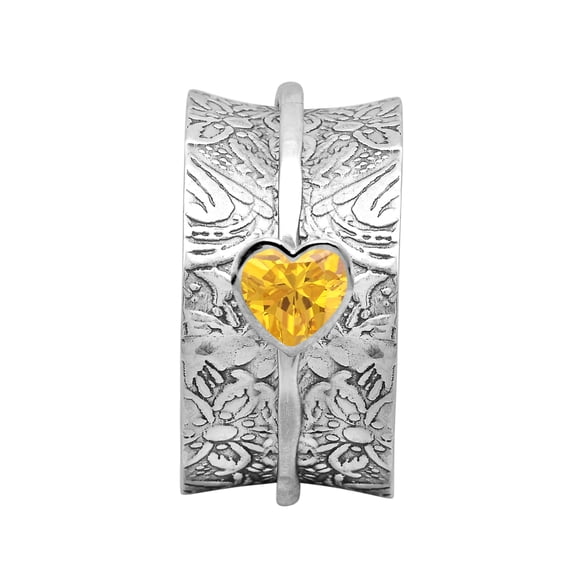 5MM Heart Citrine 925 Silver Single Band Meditation Men Women Spinner Ring