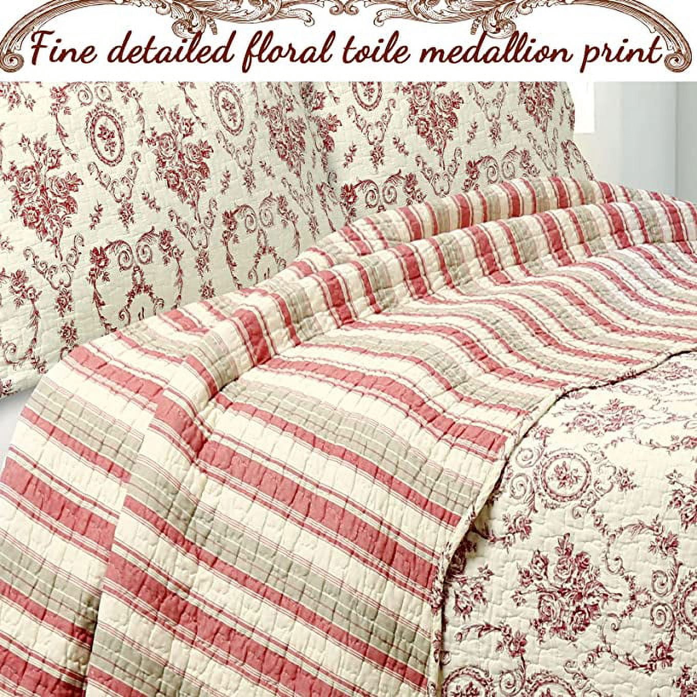 Cozy Line Home Fashions Red Toile Cotton Quilt Set, King - Reversible