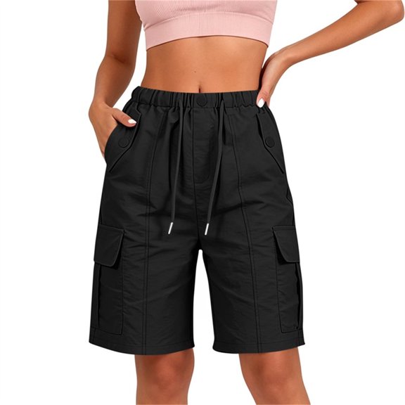 Oiangi Women's Cargo Shorts Elastic Waist Drawstring Hiking Shorts Straight Leg Basic Knee Shorts with Multi-Pocket Black S