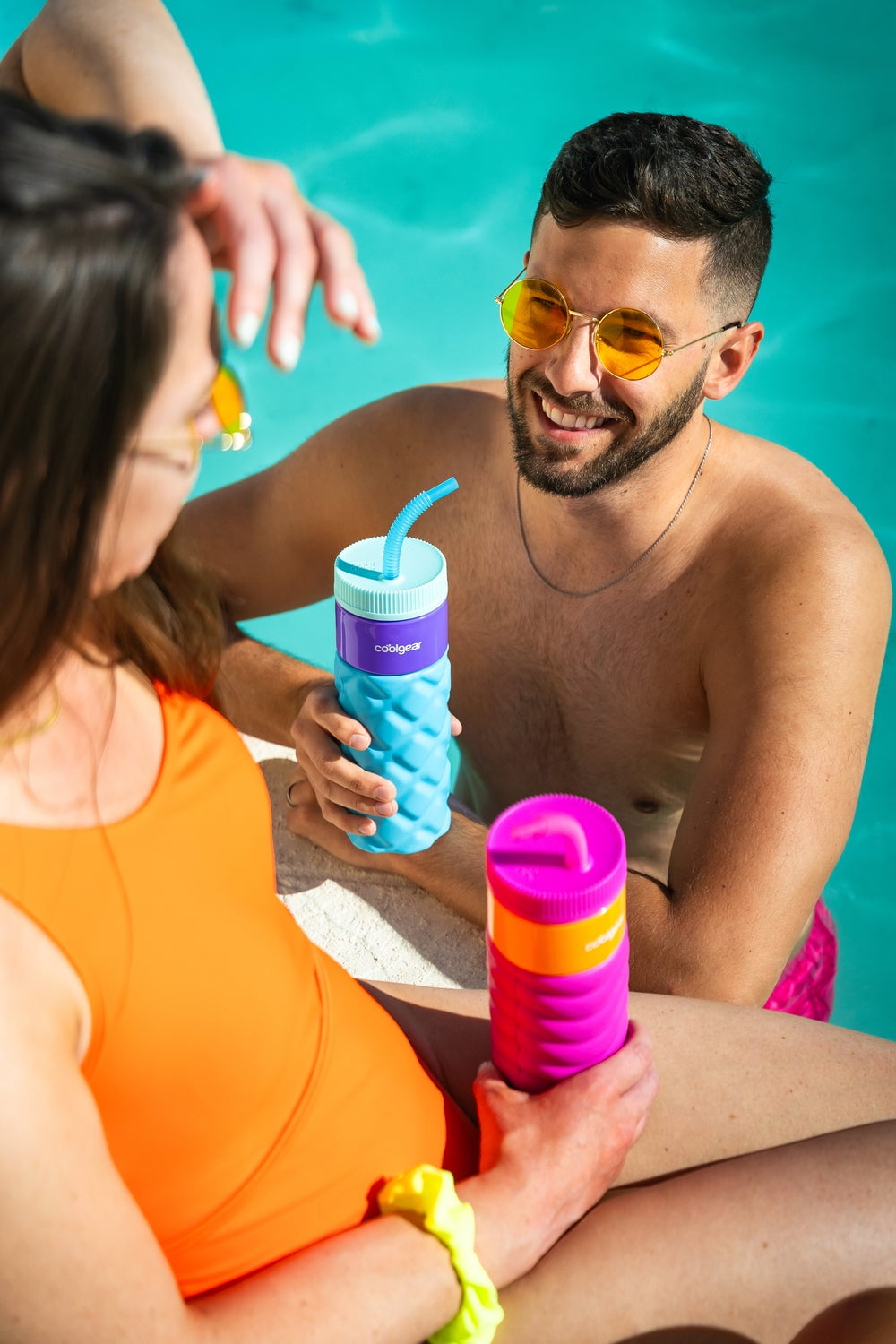 Cool Gear 4-Pack 24oz GO GRIP! Retro Squishy Water Bottle | Cute Printed Design, Foam Grip, Resealable Bendy Straw | Dishwasher Safe - Summer Drinkware for Kids, Adults, Gifts - Green Printed Variety