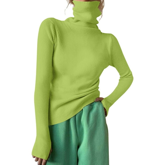 Fgnfyis Women Turtleneck Ribbed Knit Sweater Top Thumb Hole Long Sleeve Neck Slim Fit Green M