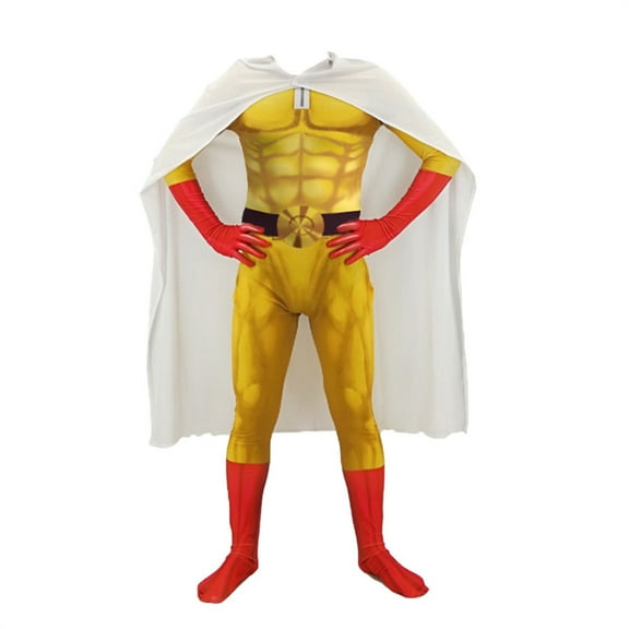 Litotal Saitama Custom Boys Adult Hero Yellow Bodysuit Halloween Cosplay Spandex Jumpsuit Polyester One-Punch-Man