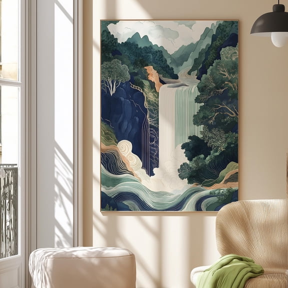 Hokusai Ukiyo-E Japanese Waterfall Wall Art Landscape Poster Print Blue Green Japanese Home Decor Printable Asian Poster UNFRAMED Poster, Wall Art for Decor, Present, 8x12