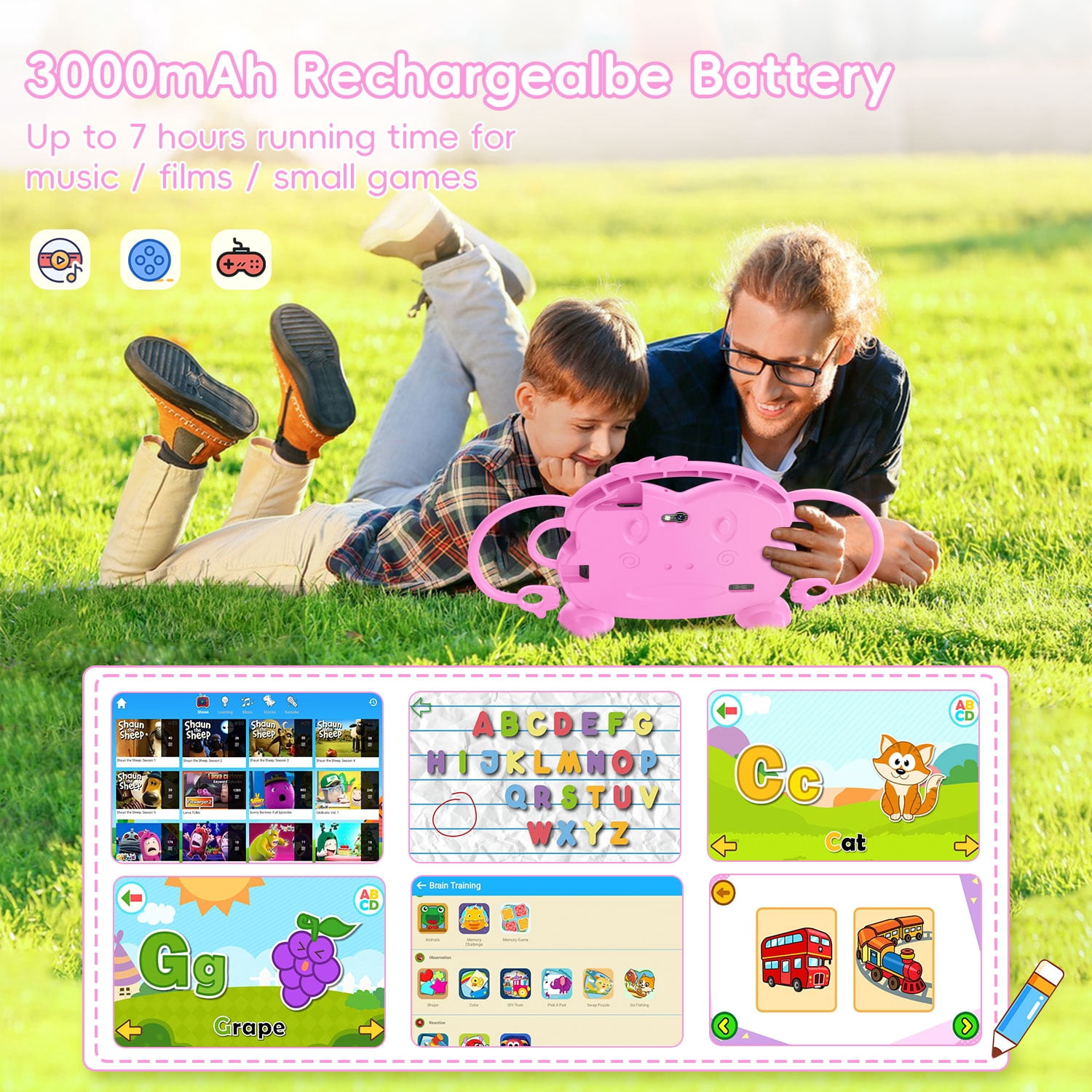 Kids Tablet, 7 inch Android Tablet for Kids, 6GB RAM 32GB ROM Quad-Core Toddler Tablet with Shockproof Case, Bluetooth, WiFi, Parental Control, 2MP+2MP Dual Camera, GPS, Games