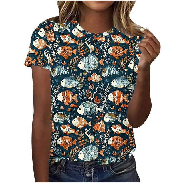 Tops de Ajuste Suelto para las Mujeres Nueva Manga Corta Cuello Redondo Suéter Caballo Casual Impreso Camiseta, Ligero Top de Verano