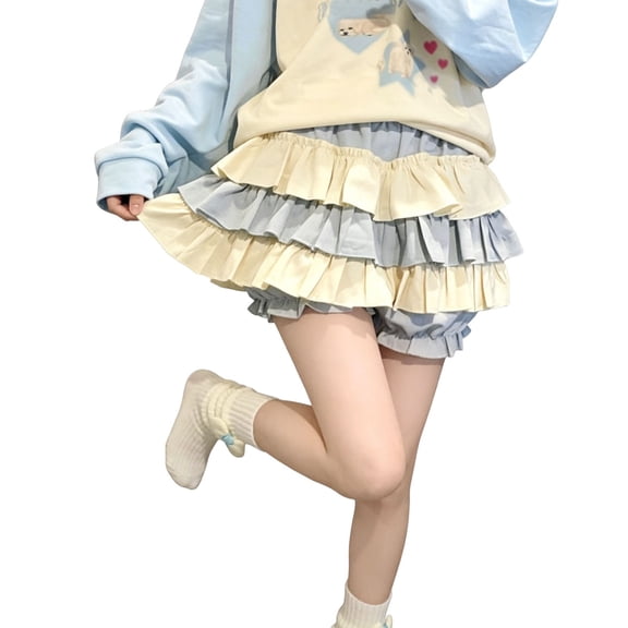 Wxolcjlv Womens Color Block Tiered Skort Elastic Waist Loose Fit Silhouette Kawaii Daily Skorts