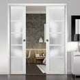thumbnail image 3 of French Double Pocket Doors 60 x 84 with Frames | Quadro 4002 White Silk with Frosted Opaque Glass | Kit Trims Rail Hardware | Solid Wood Interior Pantry Kitchen Bedroom Sliding Closet Sturdy Door, 3 of 6