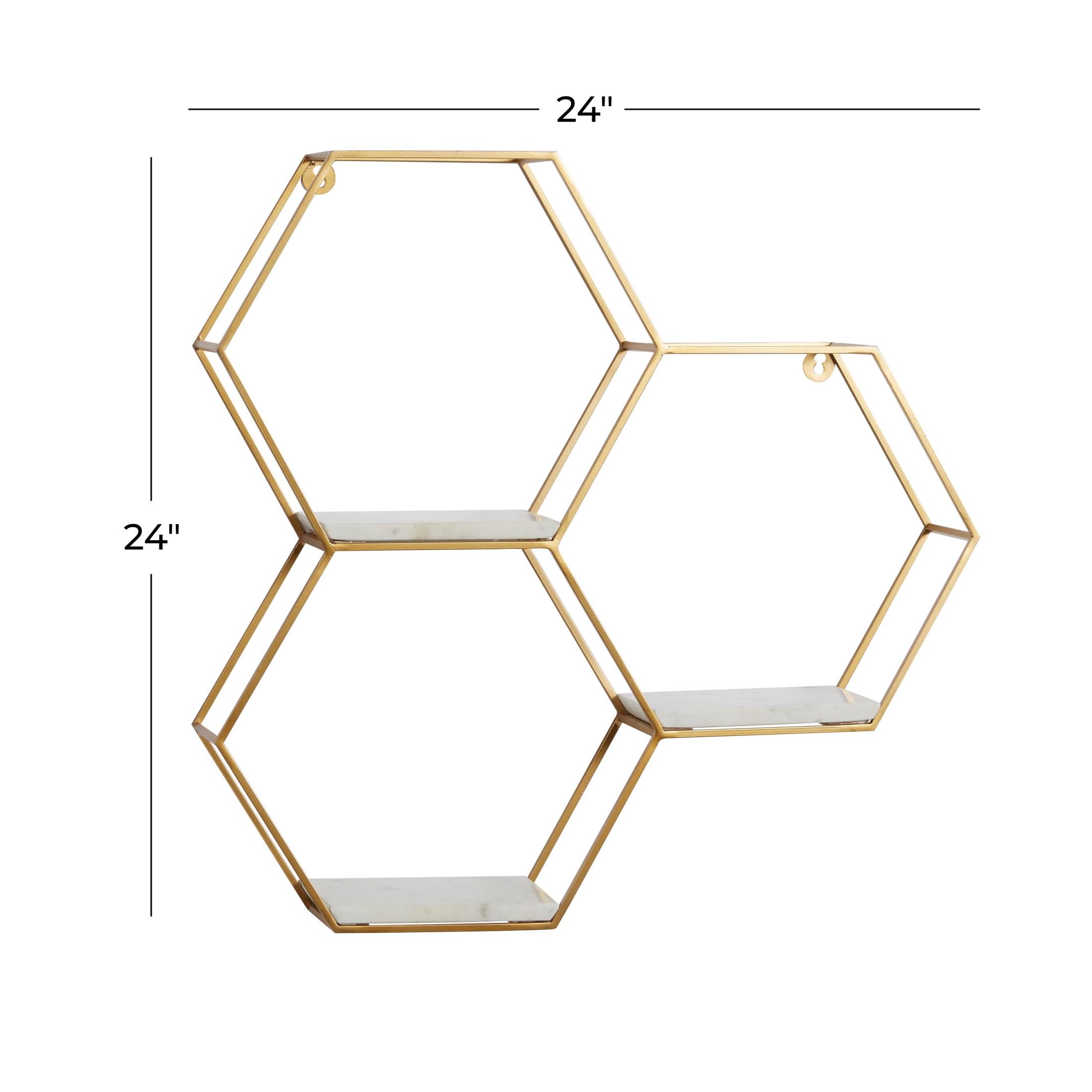 DecMode 24" x 6" Hexagon 3-Tier Gold Geometric Wall Shelf with 3 Marble Shelves