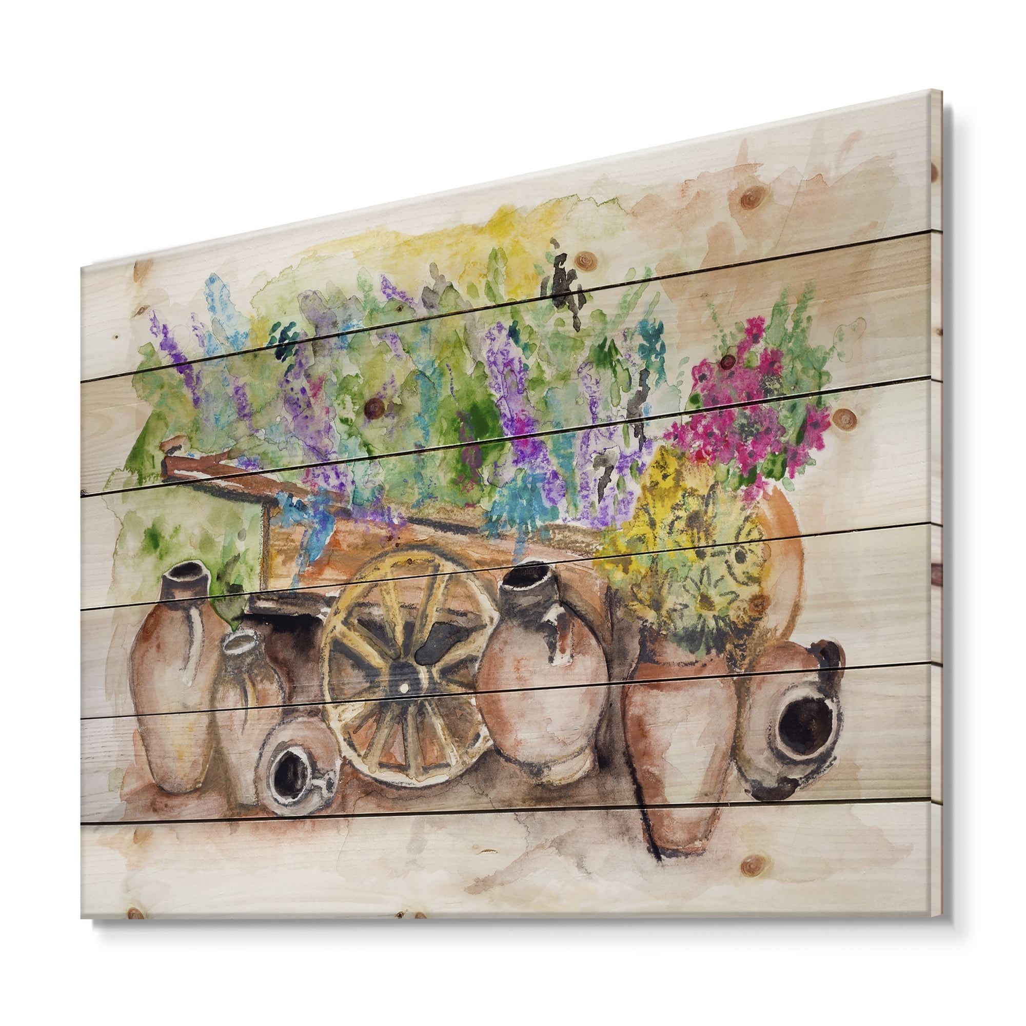Designart 'Lavender Flowers On Ancient Cart Illustration' Traditional Print on Natural Pine Wood