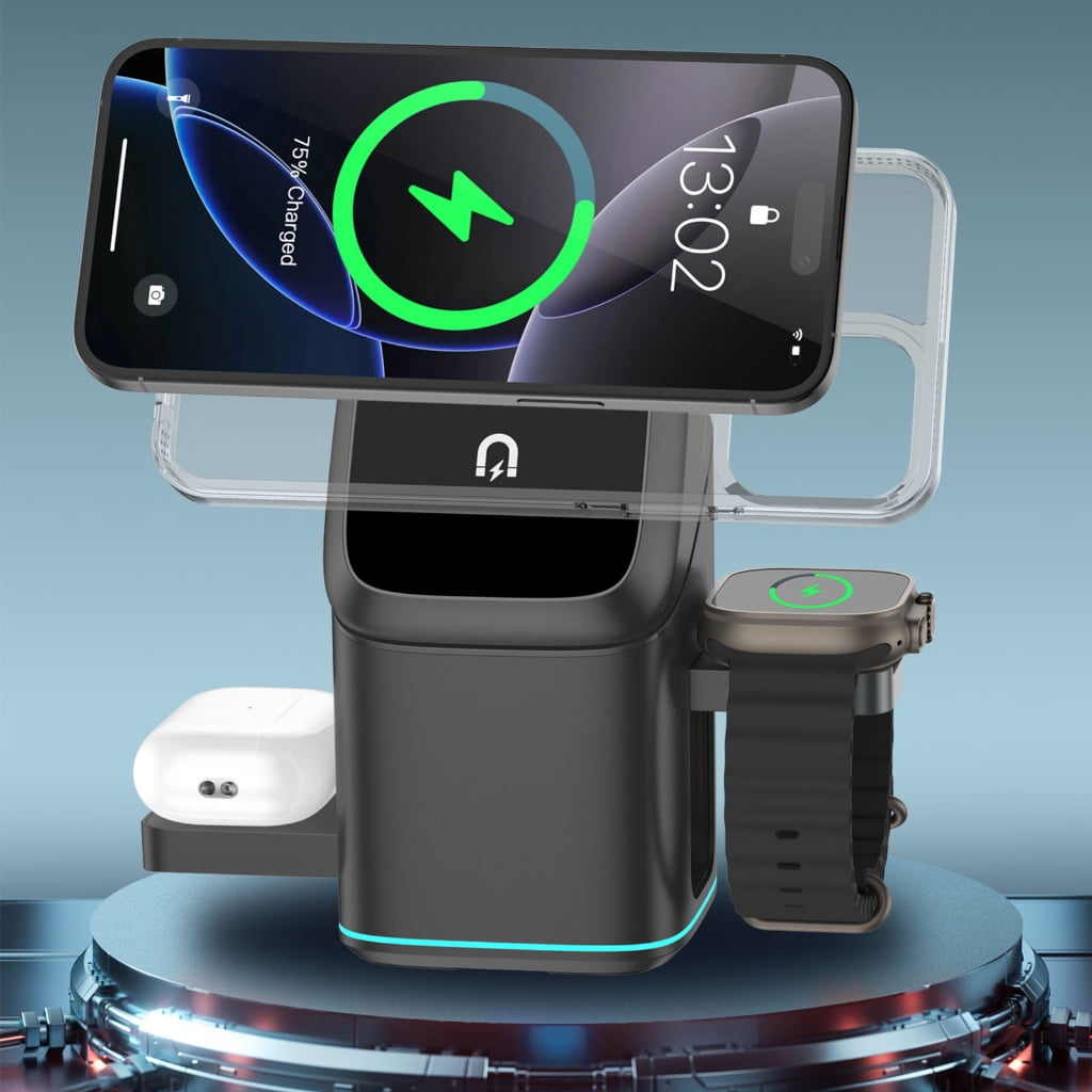 Magnetic 15W Fast Wireless Charging Rotating Metal Stand Station For Multiple Devices Phone Earphone Smartwatch Charging