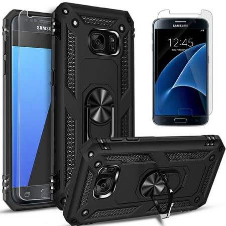 Samsung Galaxy S7 Case, With [Tempered Glass Screen Protector Included], STARSHOP Drop Protection Ring Kickstand Cover- Black