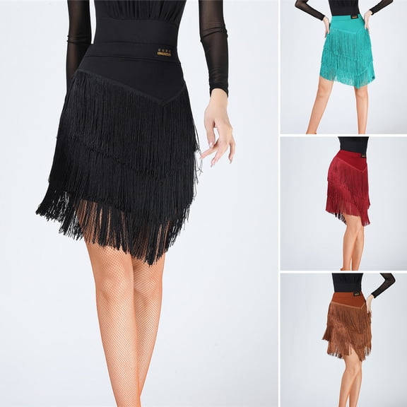 Joernso Latin Dance Tassel Skirt Elegant High Waist Solid Color Mini Skirt Dance Training Performance Clothes