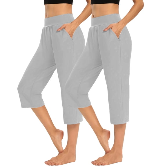 Women's 2PC Athletic Capris with Pockets and Elastic Waist Petite Casual Solid Color Cropped