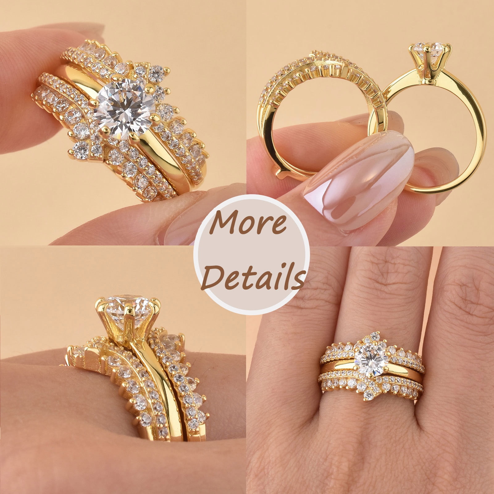 Newshe Jewellery Wedding Rings for Women Ring Enhancer Band Bridal Set Sterling Silver Yellow Gold Plated Cz Size 5.5