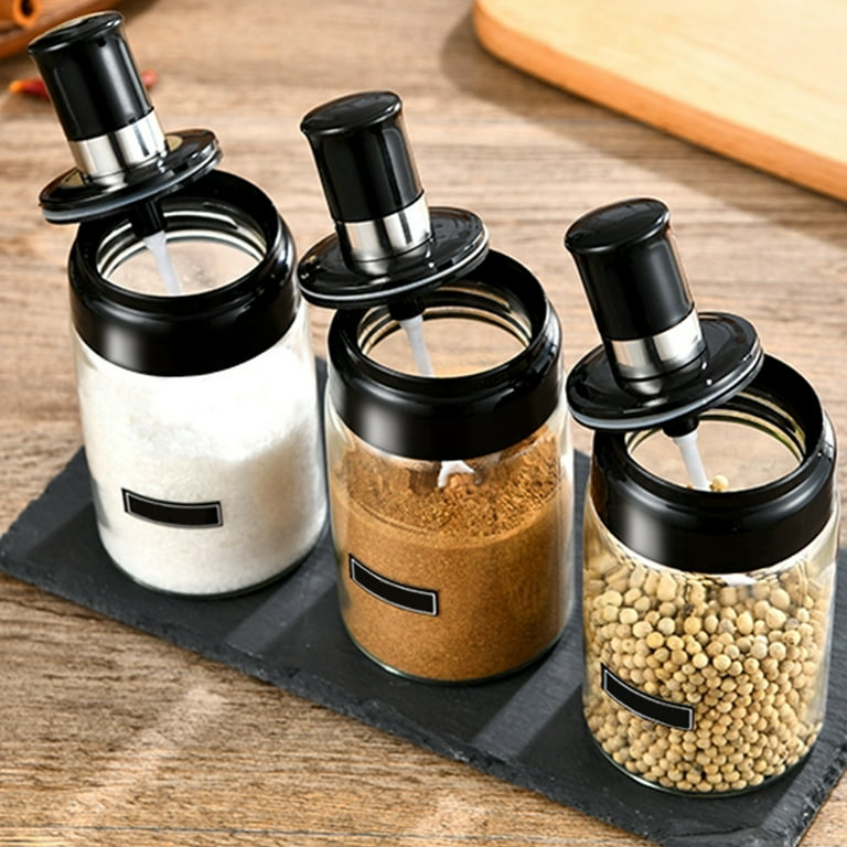 Cheeren Glass Spice Jars 10oz with Black Cap and Spoons, Set of