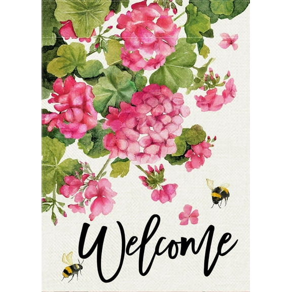 Welcome Spring Summer Geranium Decorative Garden Flag, Pink Floral Flowers Bees Yard Outside Decorations, Seasonal Burlap Outdoor Small Home Decor Double Sided 12.5 x 18