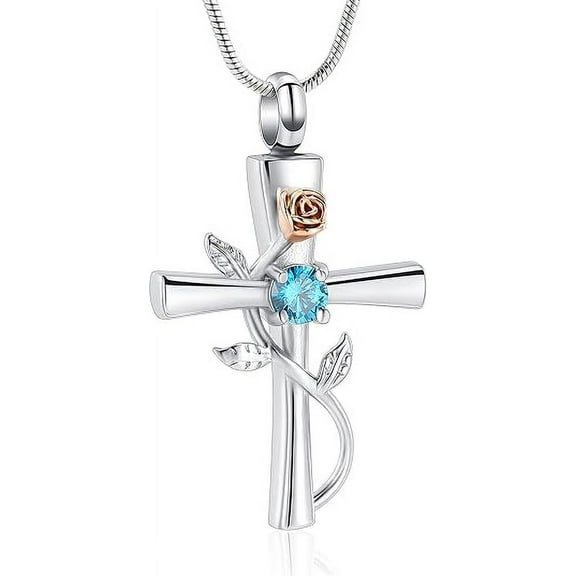 Cross Urn Necklace for Ashes Birthstone Rose Flower Cremation Jewelry for Women Keepsake Memorial Ashes Pendant Pet Ashes Pendant