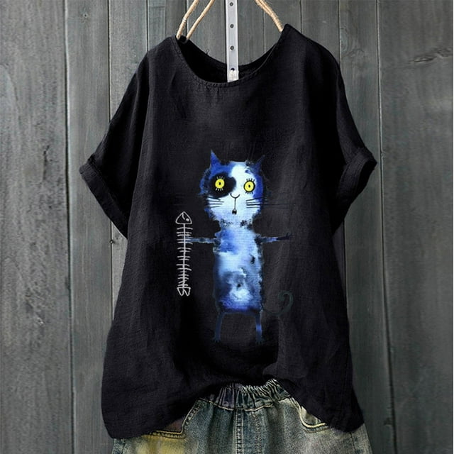 Hauts d'Été Grande Taille pour Femmes en Solde Manches Courtes Coton Lin Imprimé Pull Col en V T-Shirt Femmes en Solde