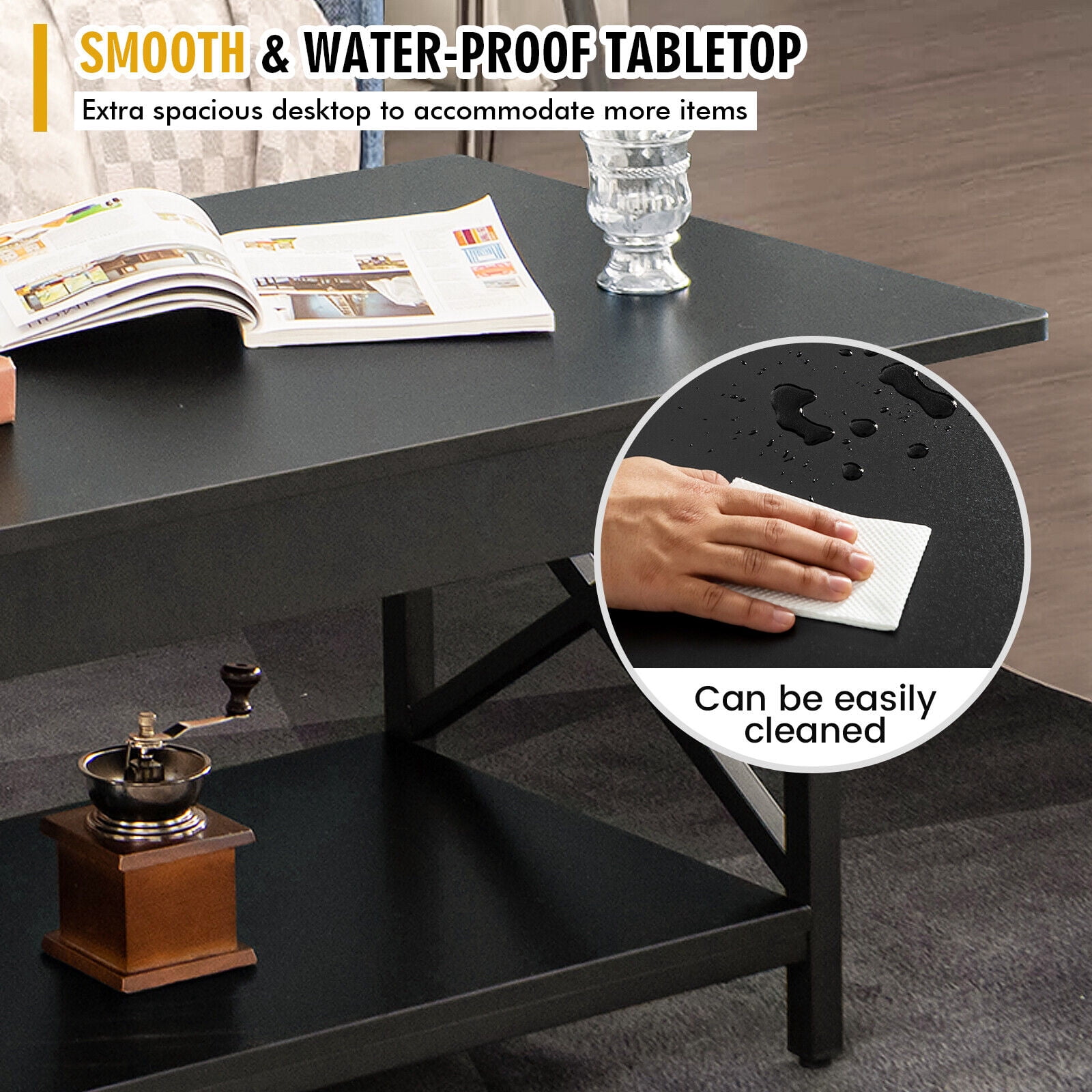 Gymax Coffee Table Industrial 2-Tier w/ Storage Shelf &Storage Shelf for Living Room Black