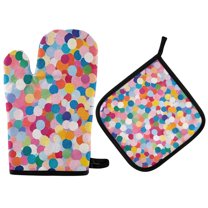 Yayeee Oven Mitts and Pot Holder Set of 2 Heat Resistant Kitchen Gloves Baking Hot Pad, Yellow Colorful Circles