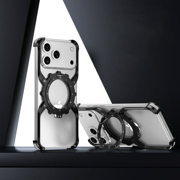 ELEHOLD for iPhone 17 Pro Max Case, Magnetic Ring Kickstand Aluminum Metal Frameless Design Bumper Luminous Scale Gear Shape Shockproof Case for iPhone 17 Pro Max,Gold