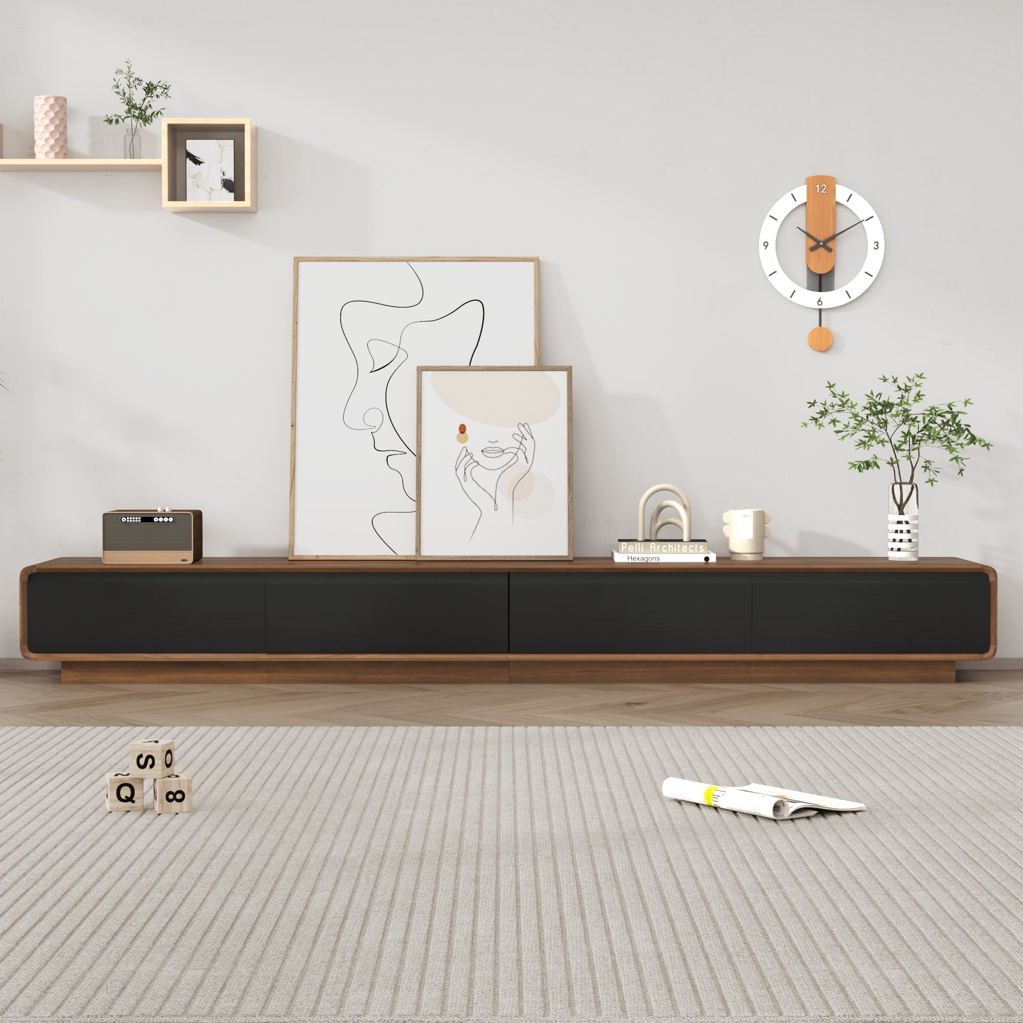 Blotout 94.5''Minimalist Floating TV Stand, Modern Wall-Mounted Media Console with 4 Drawers for Wall-mounted TV Up to 110'', Walnut & Black