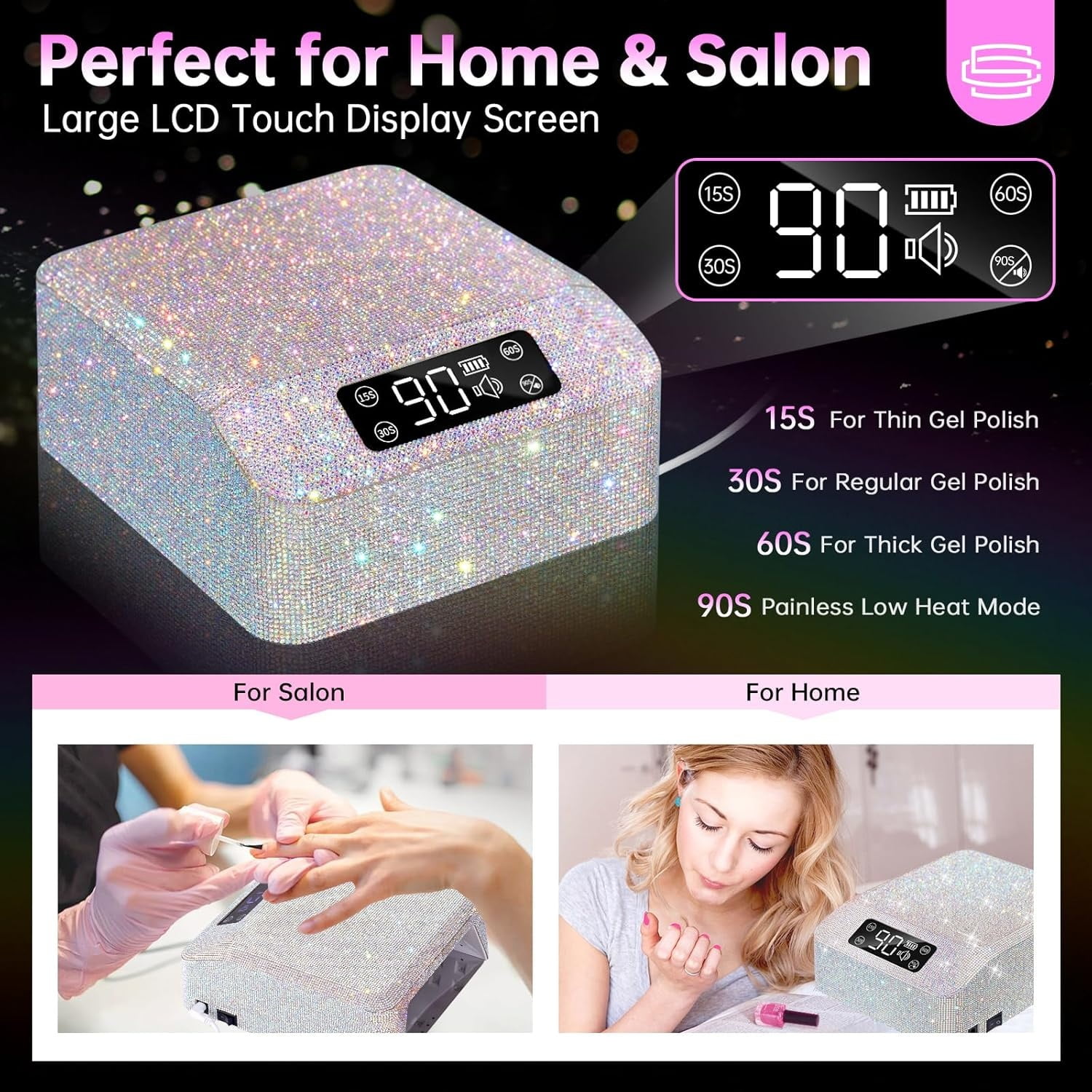 "UV LED Nail Lamp 96W Plug-in Nail Dryer Sparkly Gel Polish Light 4 Timer Setting Professional Quick Dry Curing Lamp with Display Auto Sensor for Salon & Home "
