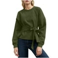 thumbnail image 2 of CQONEPT Women's Sweatshirts Tie Front Crewneck Pullover Tops Color Block Raglan Sleeve Tunic Tops Fall Winter Clothes Army Green XL, 2 of 6