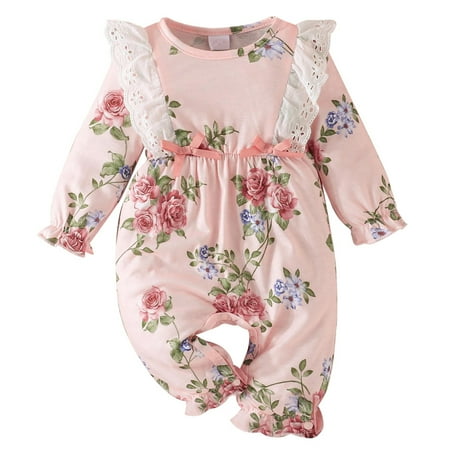 

OJinShaWanO Wide Leg Jumpsuit With Pockets Dressy Autumn Jumpsuit Baby Flying Sleeves Fashion Cute Baby British Style Long Sleeve Flower Print Romper Pink 0-3 Months