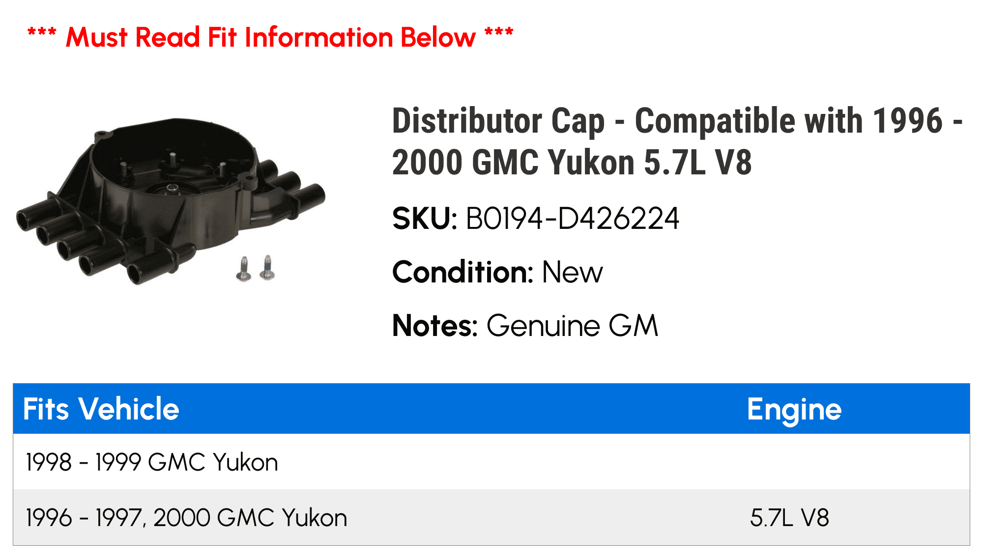Distributor Cap - Compatible with 1996 - 2000 GMC Yukon 5.7L V8 1997 1998 1999