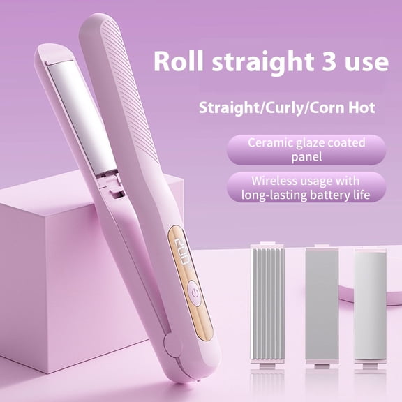 3-in-1 Cordless Hair Straightener and Curler with Interchangeable Plates, Portable Flat Iron for Travel and Quick Styling, Rechargeable Tool