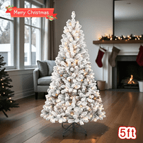 Tcbosik 5ft Pre-Lit Flocked Christmas Tree with 150 Warm White Incandescent Lights & 407 Branch Tips, Artificial Xmas Tree with Metal Stand for Home Office Decoration, Green & White